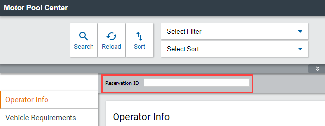 A screenshot of the Motor Pool Center screen with the Reservation ID field bordered by a red box.